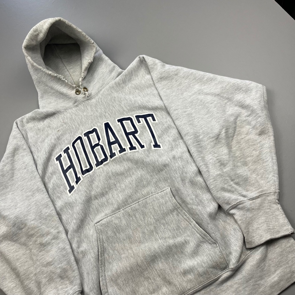 Champion Reverse Weave Hoodie Mens XL Gray Hobart College Vintage Distressed 90s